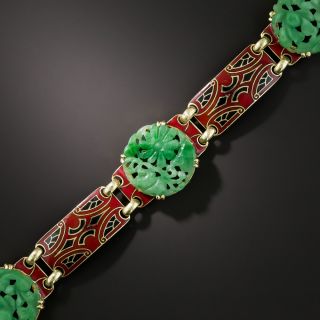 Art Deco Natural Carved Burmese Jade and Enamel Bracelet - 2