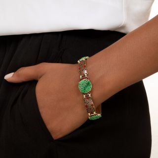 Art Deco Natural Carved Burmese Jade and Enamel Bracelet