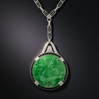 Art Deco Natural Carved Burmese Jade Diamond and Black Onyx Necklace