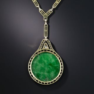 Art Deco Natural Carved Burmese Jade Diamond and Black Onyx Necklace