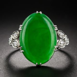 Art Deco Natural Jade Platinum Diamond Ring - 1