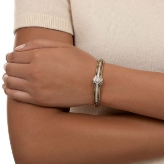 Art Deco Natural Pearl, Diamond and Enamel Bangle Bracelet