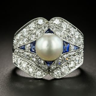 Art Deco Natural Pearl, Diamond, Sapphire Ring - GIA - 2