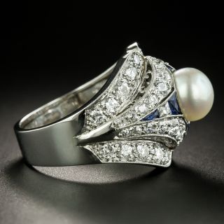 Art Deco Natural Pearl, Diamond, and Sapphire Ring - GIA