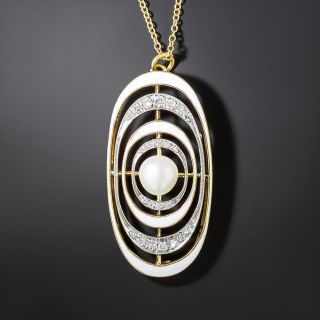Art Deco Natural Pearl, Diamond, White Enamel Pendant  - 1