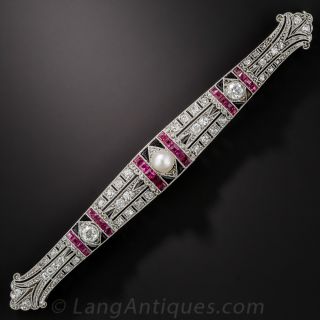 Art Deco Natural Pearl, Onyx, Ruby and Diamond Bar Pin