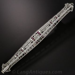Art Deco Natural Pearl, Onyx, Ruby and Diamond Bar Pin