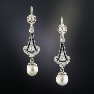 Art Deco Natural Pearl Platinum Diamond Onyx Earrings - 1
