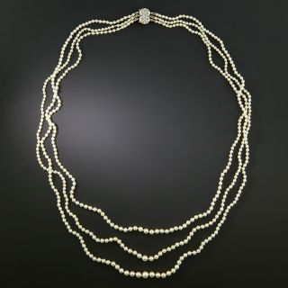 Art Deco Natural Pearl Triple Strand Necklace with Diamond Clasp - GIA - 3