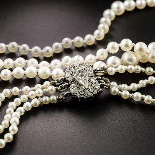 Art Deco Natural Pearl Triple Strand Necklace with Diamond Clasp - GIA