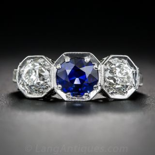 Art Deco Natural Sapphire and Diamond Platinum Ring