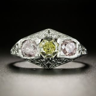 Art Deco Natural Yellow And Pink Diamond Three-Stone Ring - GIA - 3