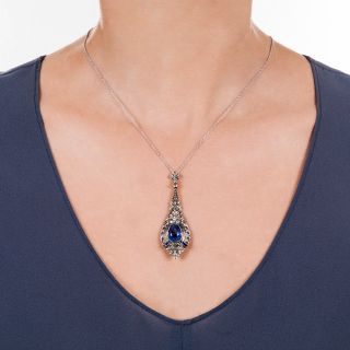 Art Deco No-Heat 3.80 Carat Sapphire and Diamond Lavalière Necklace - GIA