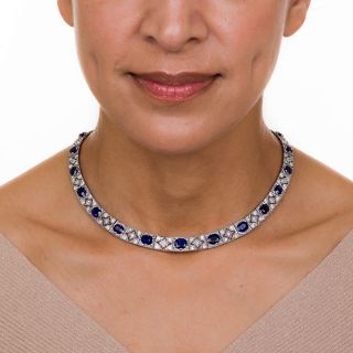 Art Deco No-Heat Pailin Sapphire, Platinum And Diamond Necklace 