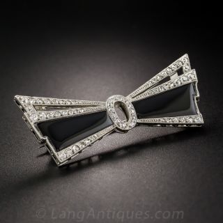 Art Deco Onyx and Diamond Bow Brooch - 1