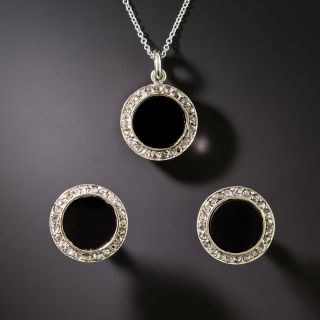 Art Deco Onyx and Diamond Earrings and Pendant Set - 2