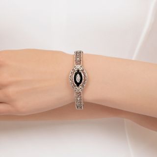 Art Deco Onyx and Diamond Filigree Bangle Bracelet