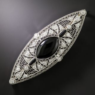 Art Deco Onyx and Diamond Filigree Navette Brooch