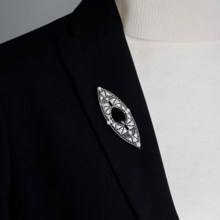 Art Deco Onyx and Diamond Filigree Navette Brooch