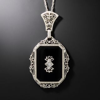 Art Deco Onyx and Diamond Filigree Pendant - 2
