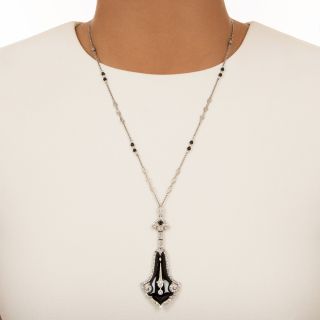 Art Deco Onyx and Diamond Lavalière Necklace 