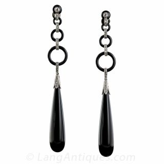 Art Deco Onyx and Diamond Long Drop Earrings