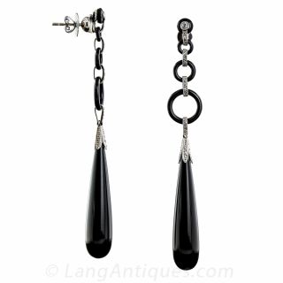 Art Deco Onyx and Diamond Long Drop Earrings
