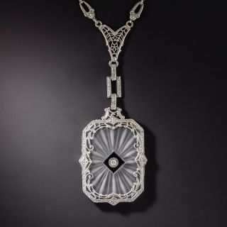 Art Deco Onyx and Diamond Rock Crystal Filigree Pendant and Fancy Chain - 1