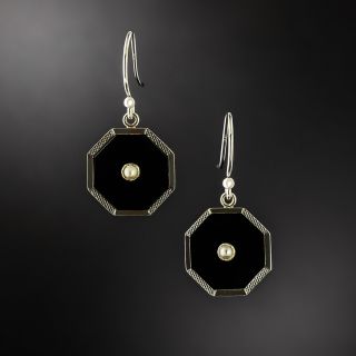 Art Deco Onyx and Pearl Dangle Earrings  - 2