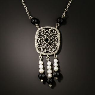 Art Deco Onyx and Pearl Dangle Filigree Necklace - 3