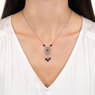 Art Deco Onyx and Pearl Dangle Filigree Necklace