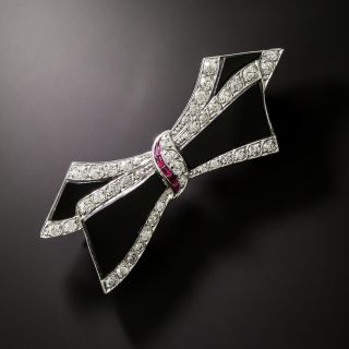 Art Deco Onyx, Diamond, and Ruby Bow Brooch - 3