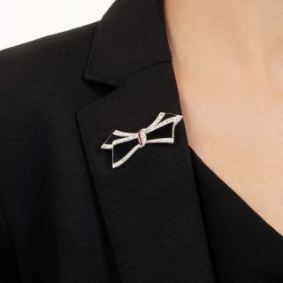 Art Deco Onyx, Diamond, and Ruby Bow Brooch