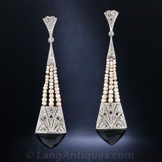Art Deco Onyx, Diamond and Seed Pearl Earrings