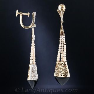 Art Deco Onyx, Diamond and Seed Pearl Earrings
