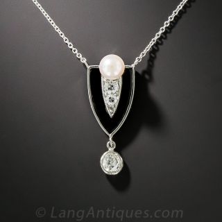 Art Deco Onyx, Pearl and Diamond Drop - 2