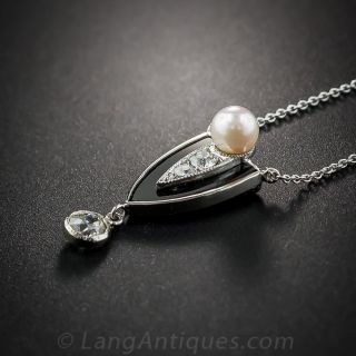 Art Deco Onyx, Pearl and Diamond Drop