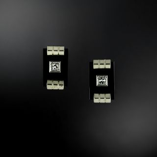 Art Deco Onyx Rectangle  and Diamond Stud Earrings - 2