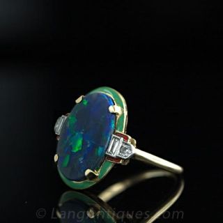 Art Deco Opal, Diamond and Enamel Ring