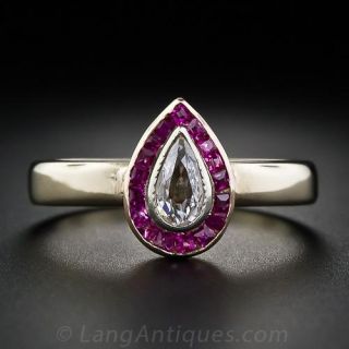 Art Deco Pear Shape Diamond and Calibre Ruby Ring