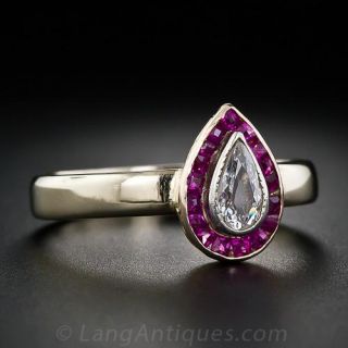 Art Deco Pear Shape Diamond and Calibre Ruby Ring