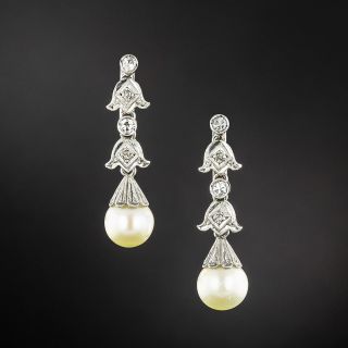 Art Deco Pearl and Diamond Dangle Earrings - 2