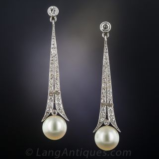 Art Deco Pearl and Diamond Drop Earrings - 1