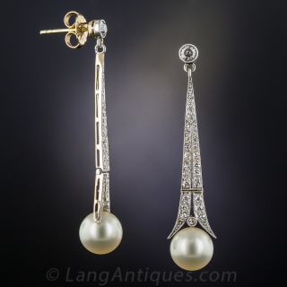 Art Deco Pearl and Diamond Drop Earrings
