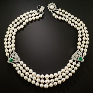 Art Deco Pearl Choker with Removable Emerald and Diamond Clips - 3