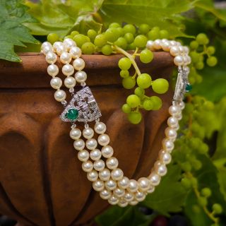 Art Deco Pearl Choker with Removable Emerald and Diamond Clips