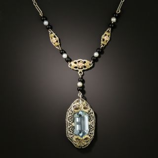 Art Deco Pearl, Onyx and Aquamarine Necklace by H. Kroll - 3