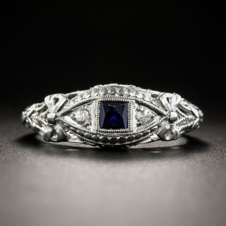 Art Deco Petite Synthetic Sapphire and Diamond Ring - 1