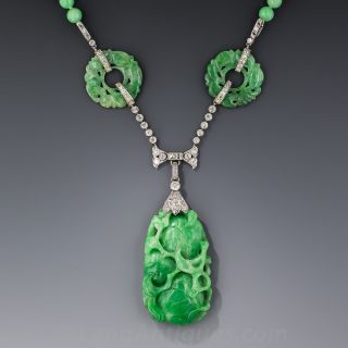 Art Deco Platinum and Diamond Carved Jade Necklace