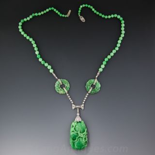 Art Deco Platinum and Diamond Carved Jade Necklace